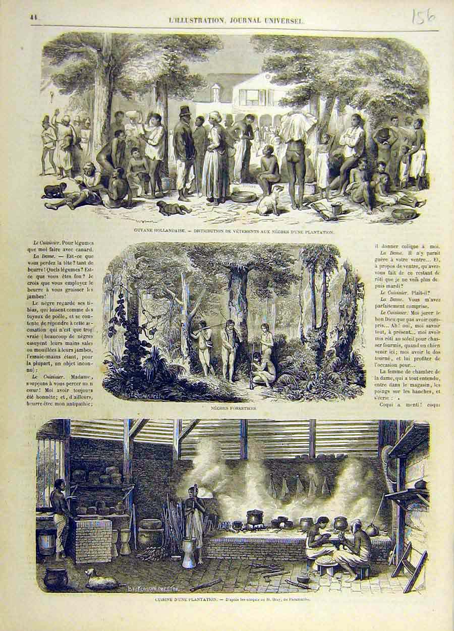 Original Old Antique Print Negroes Plantation Forest Kitchen People Places