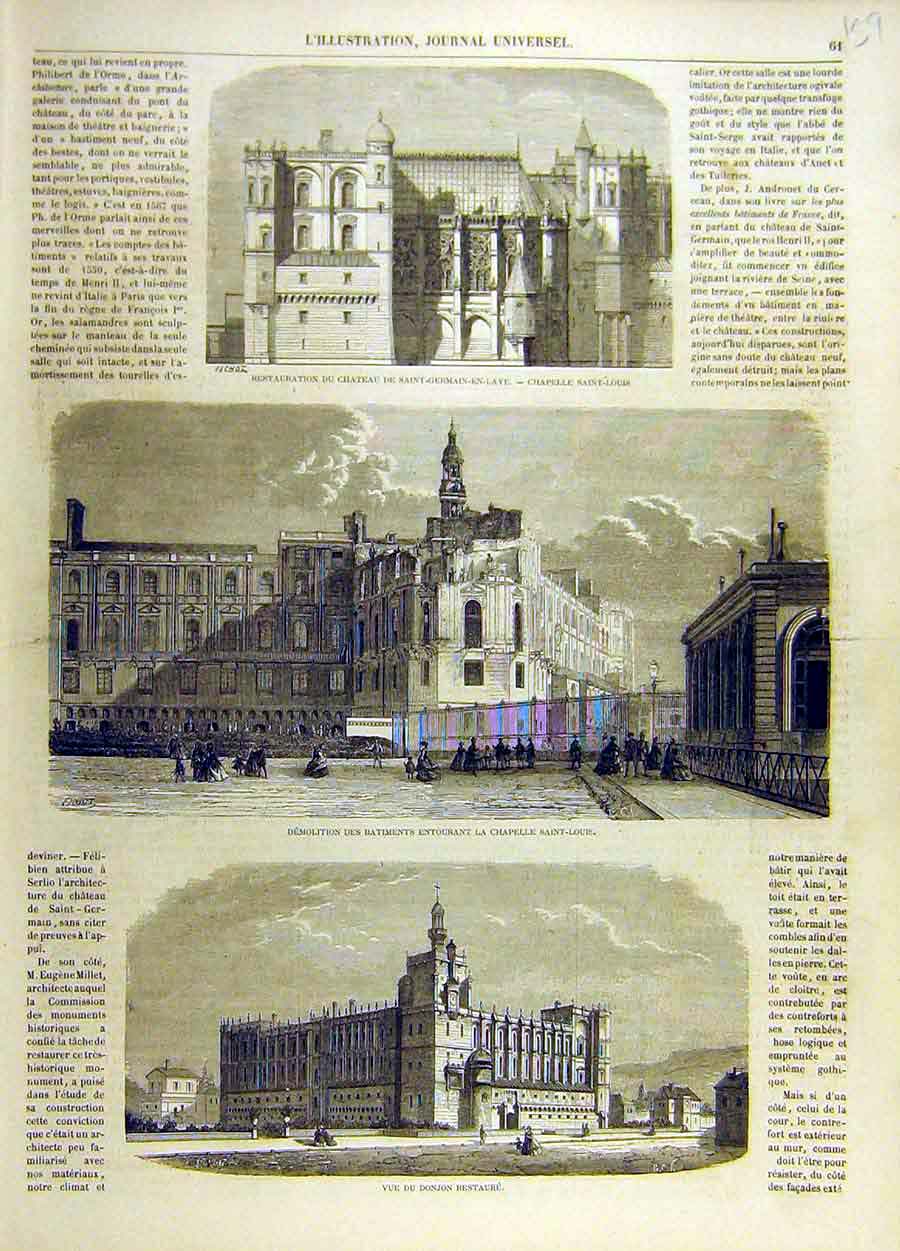 Original Old Antique Print Saint-Louis Chapel Building Donjon French