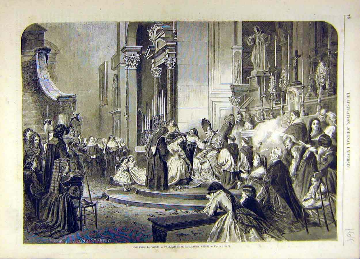 Original Old Antique Print Wider Religious Prise-De-Voile French