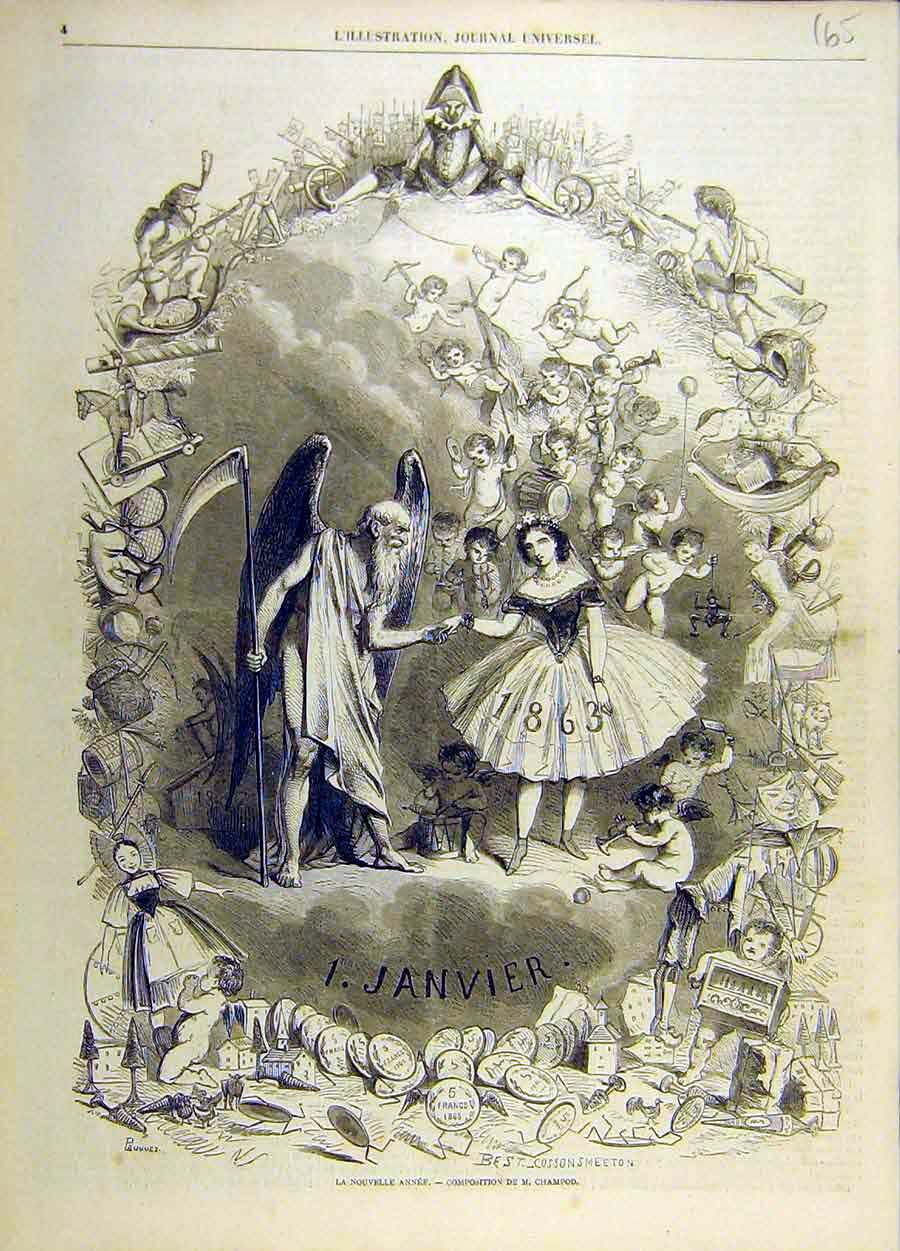 Original Old Antique Print New-Year January Champod Sketches French