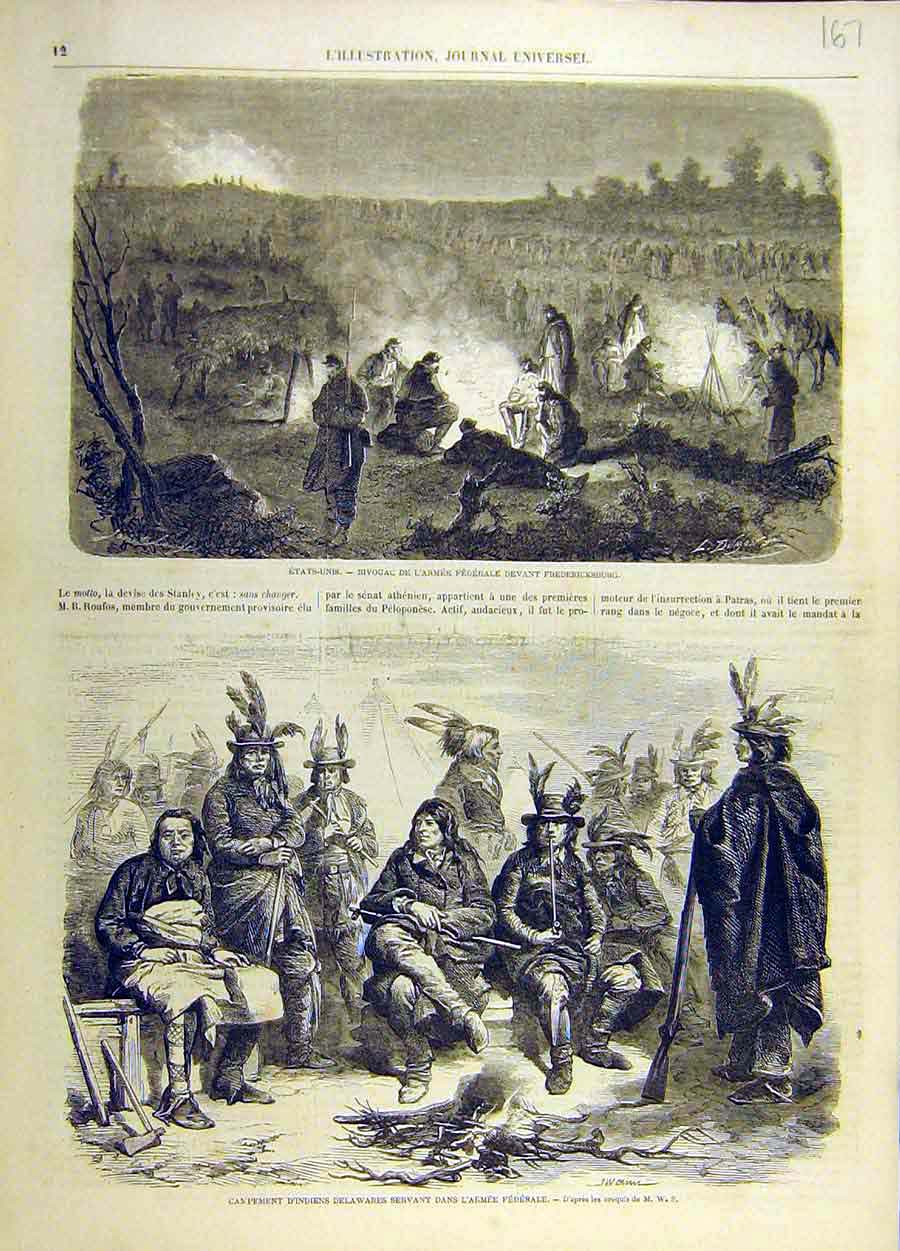 Original Old Antique Print United-States Fredericksburg Indian Federal Army