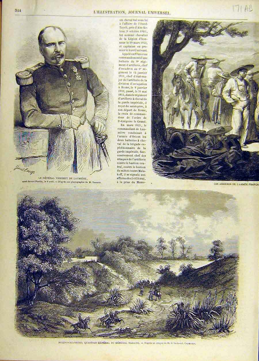 Original Old Antique Print Bazaine Mexico Garnier Puebla French Army Vernhet