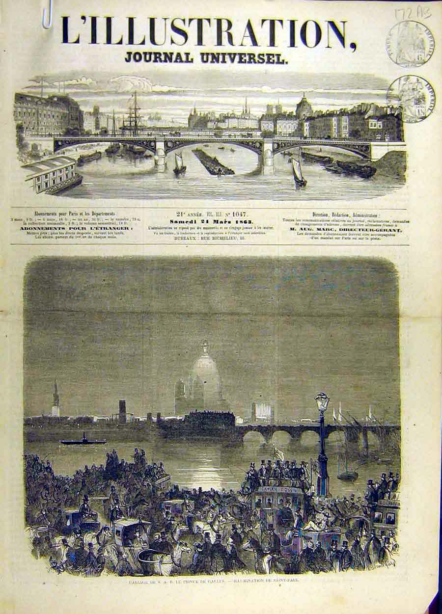 Original Old Antique Print 1863 Prince Wales Marriage Windsor Chapel French