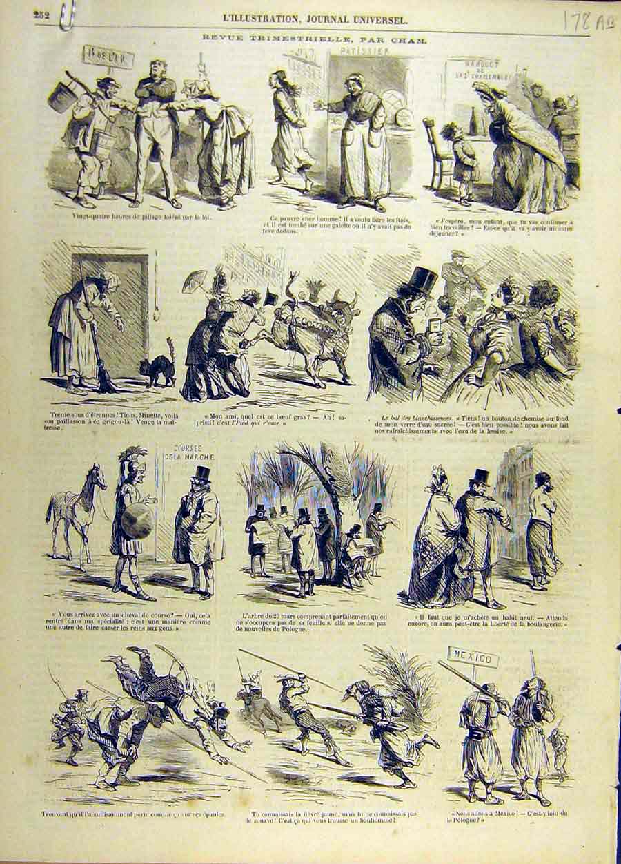 Original Old Antique Print 1863 Cham Trimestrielle Comedy Sketches Humour 19th