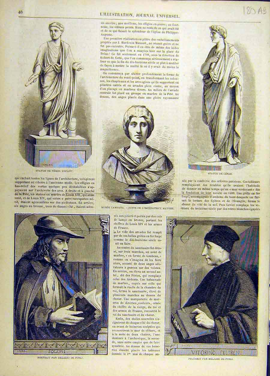 Original Old Antique Print 1863 Statue Bust Neron Ceasar Forli Notre-Dame Paris
