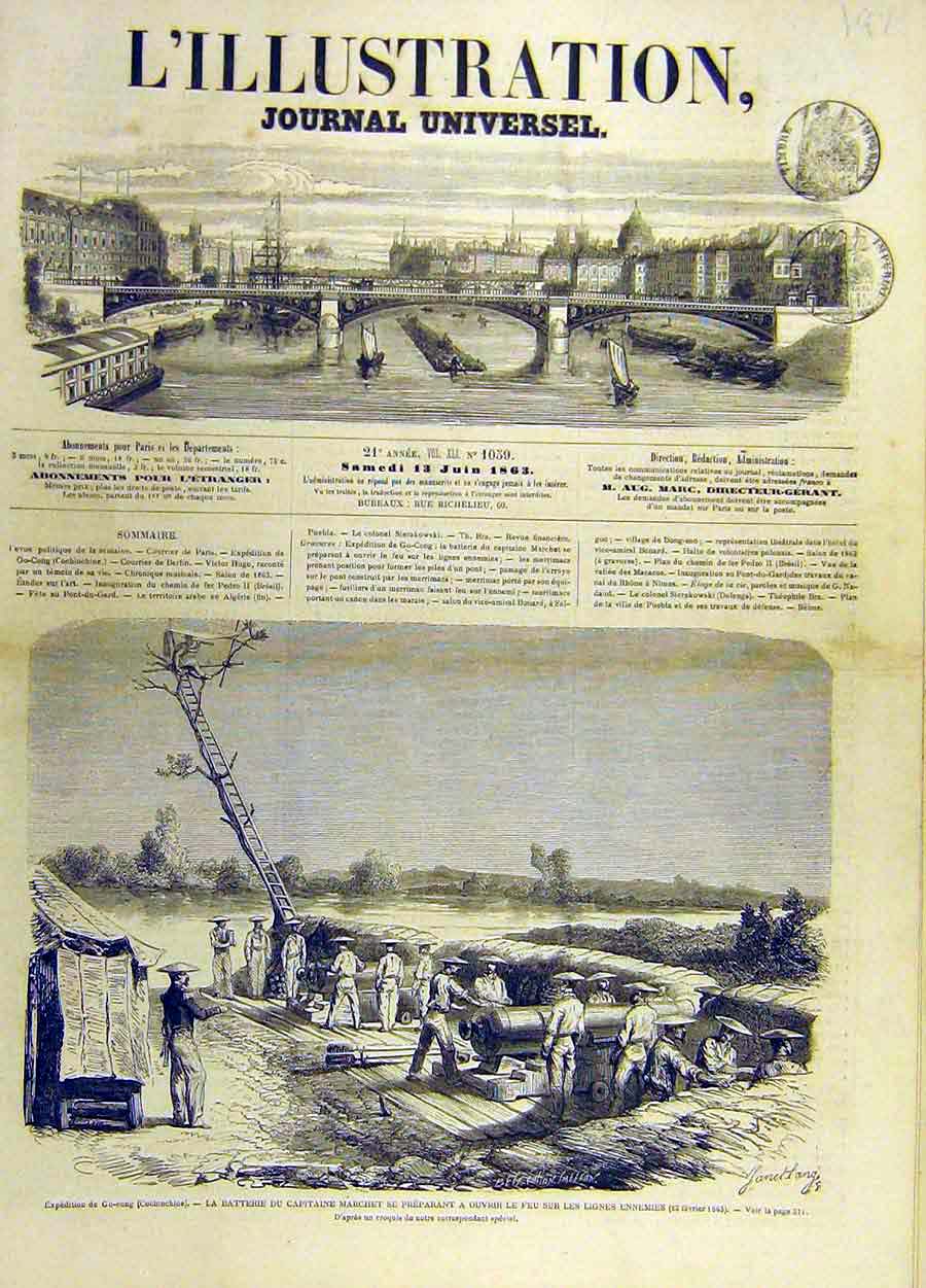 Original Old Antique Print 1863 Battery Captain Marchet War French Military 19th