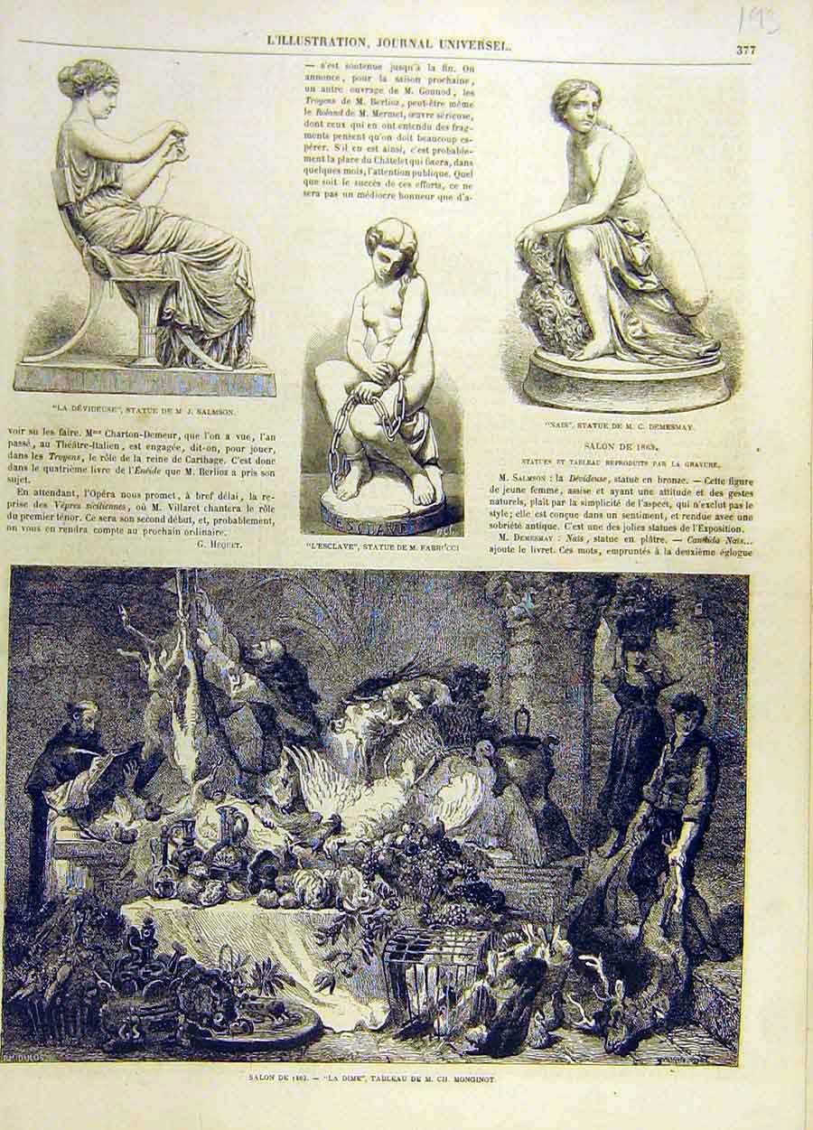 Original Old Antique Print Statue Salmson Demesmay Fabrucci Monginot French