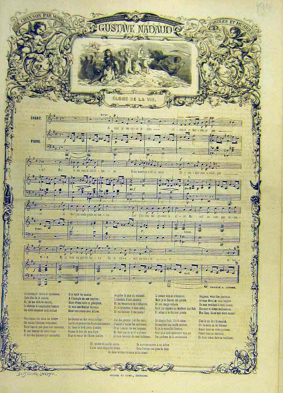 Original Old Antique Print Nadaud Eloge-De-La-Vie Music Score Melody French
