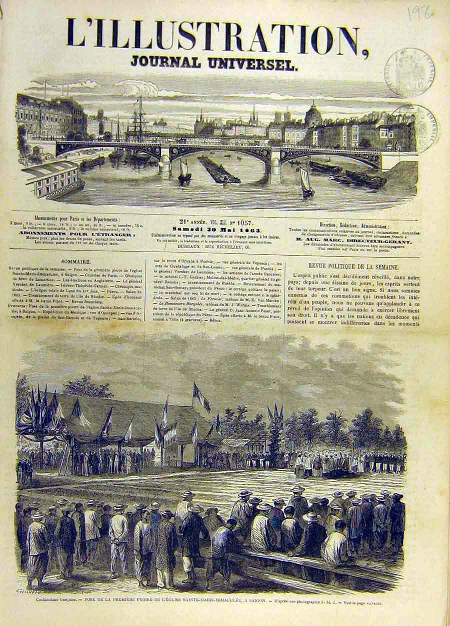 Original Old Antique Print 1863 Church Saint-Mary-Immaculate Saigon French 19th