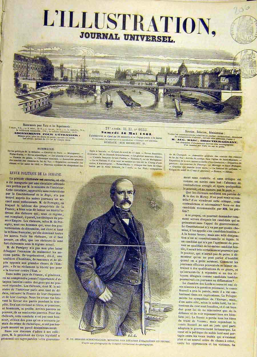 Original Old Antique Print 1863 Bismarck-Schoenhausen Prussia French Victorian