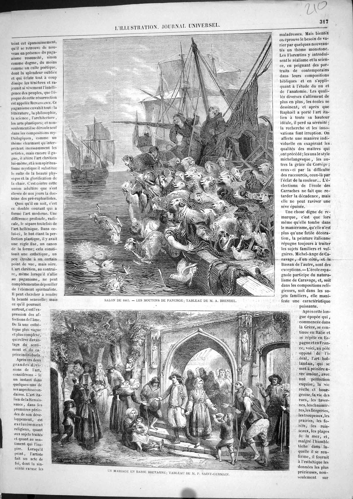 Original Old Antique Print Sheep Panic Ship Brendel Bretagne Wedding French