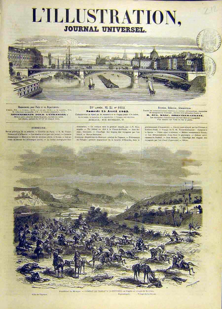 Original Old Antique Print 1863 Mexican Expedition Tepeaca Battle French 19th