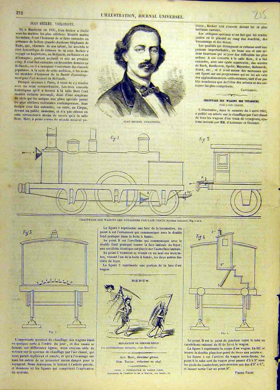 Original Old Antique Print Becker Violinist Music Violiin Train Wagon Sketches