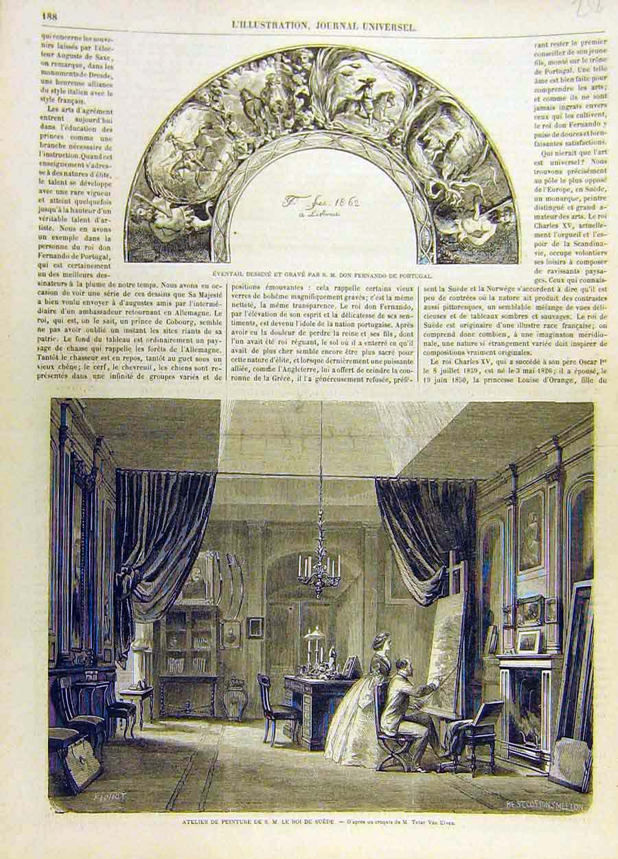 Original Old Antique Print Fernando Portugal Engraver Painter King Sweden Artist