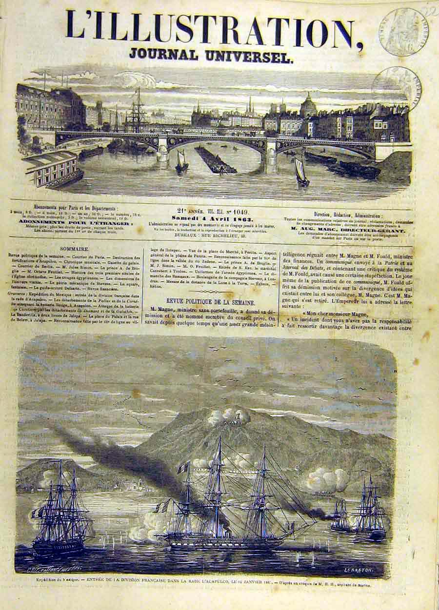 Original Old Antique Print 1863 Mexico French Navy Acapulco War Military 19th