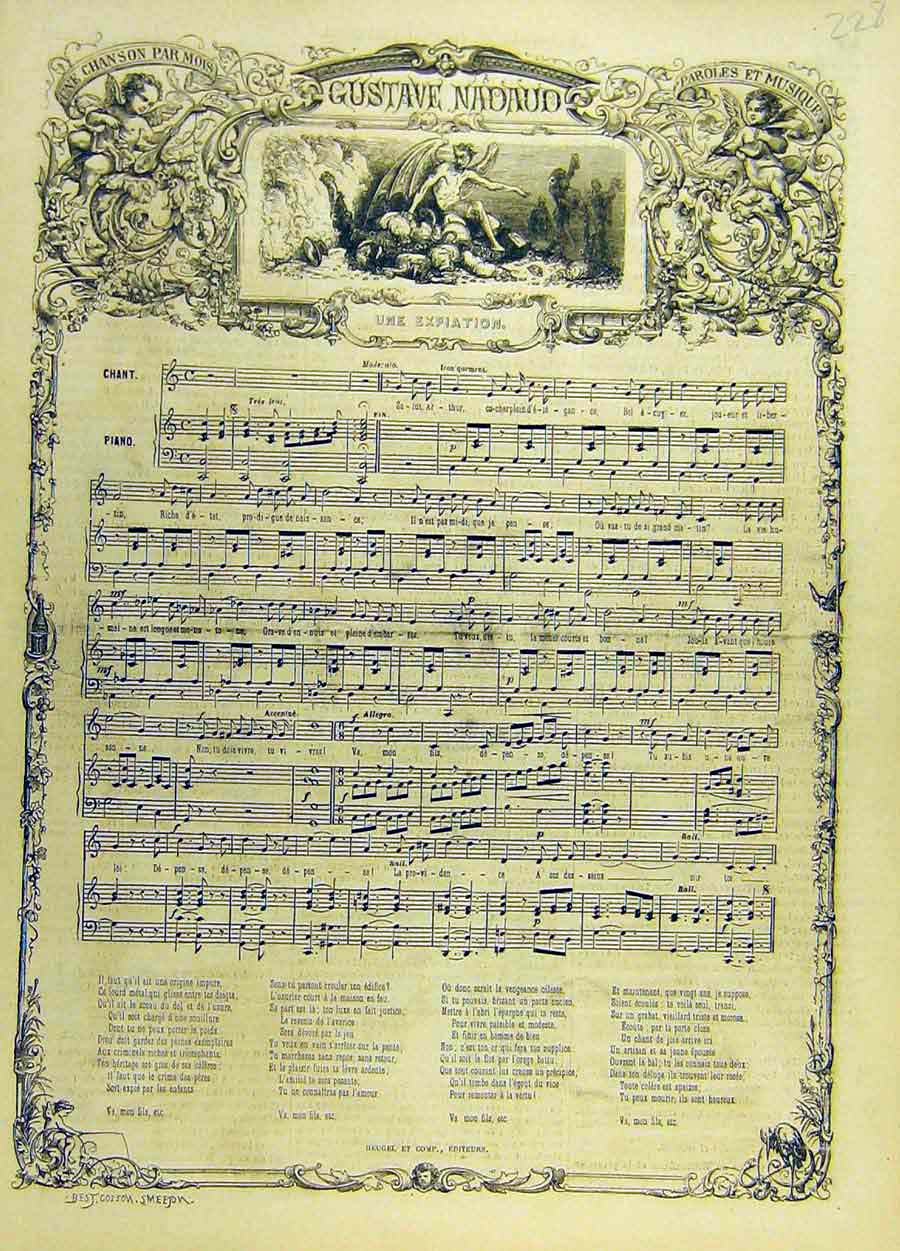 Original Old Antique Print Dnadaud Une-Expiation Music Melody Score French