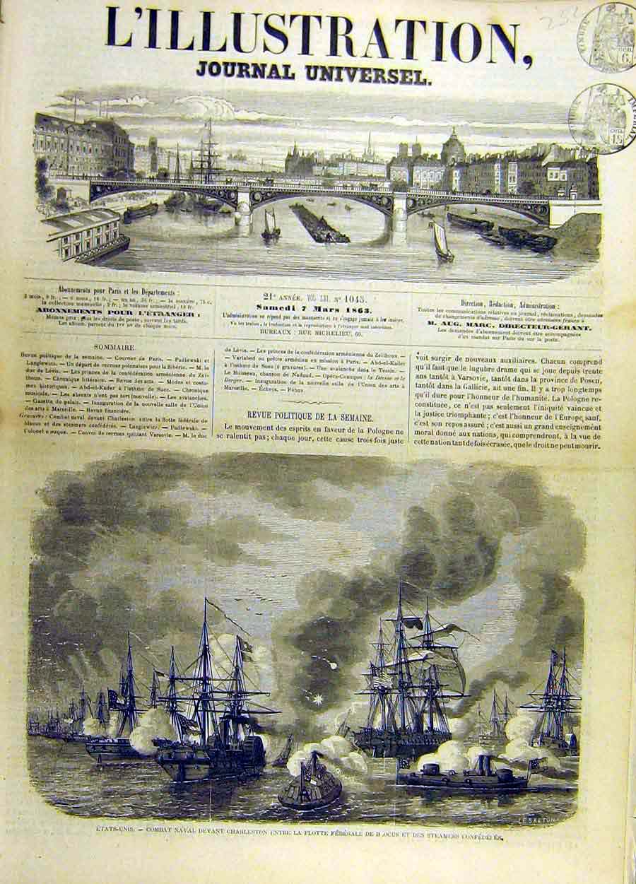 Original Old Antique Print 1863 United-States Navby Charleston Federal Civil War
