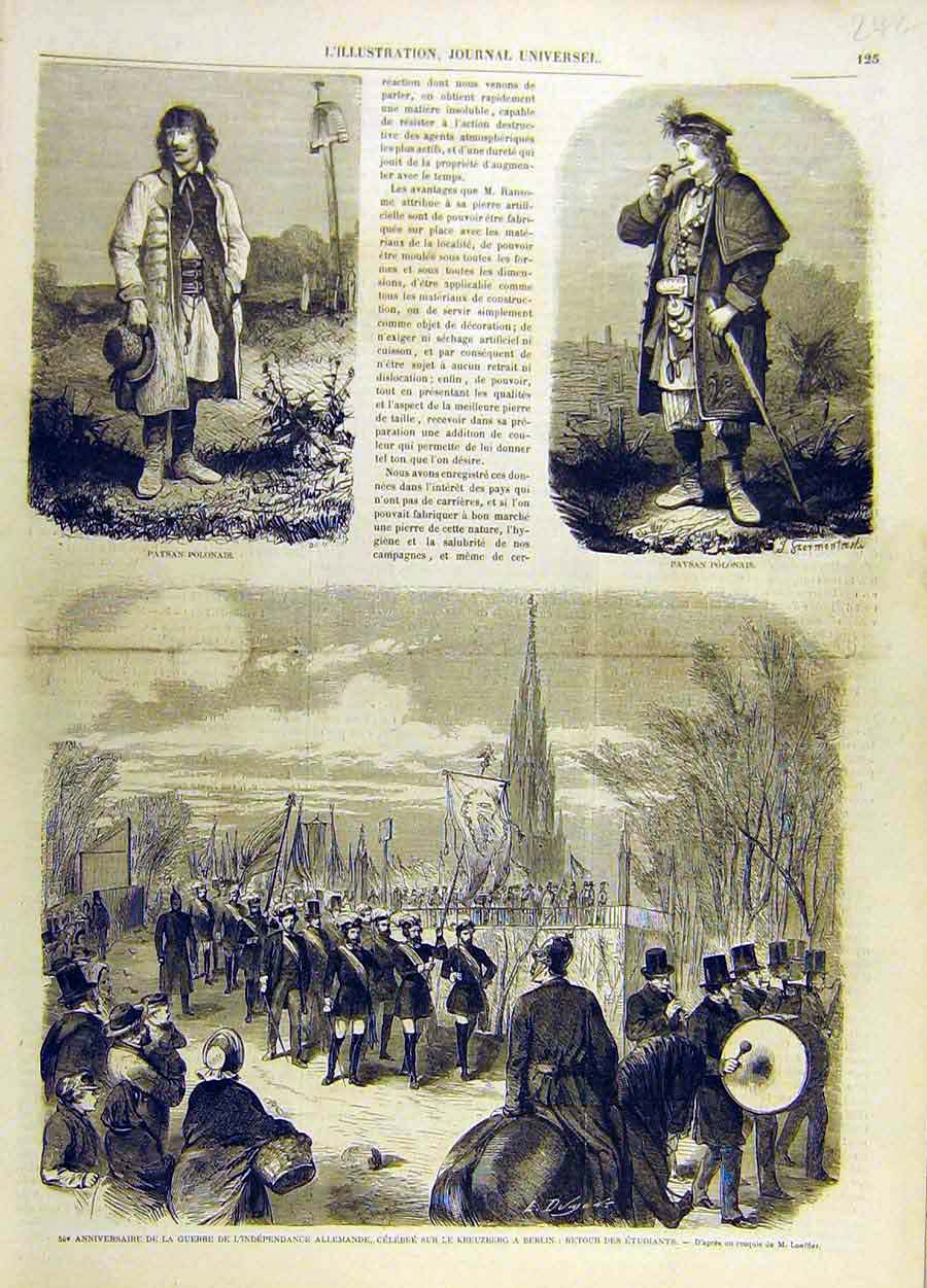 Original Old Antique Print Polonese Peasant People War Berlin German French