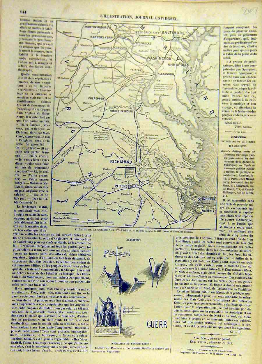 Original Old Antique Print Map War United-States Washington Richmond Usa