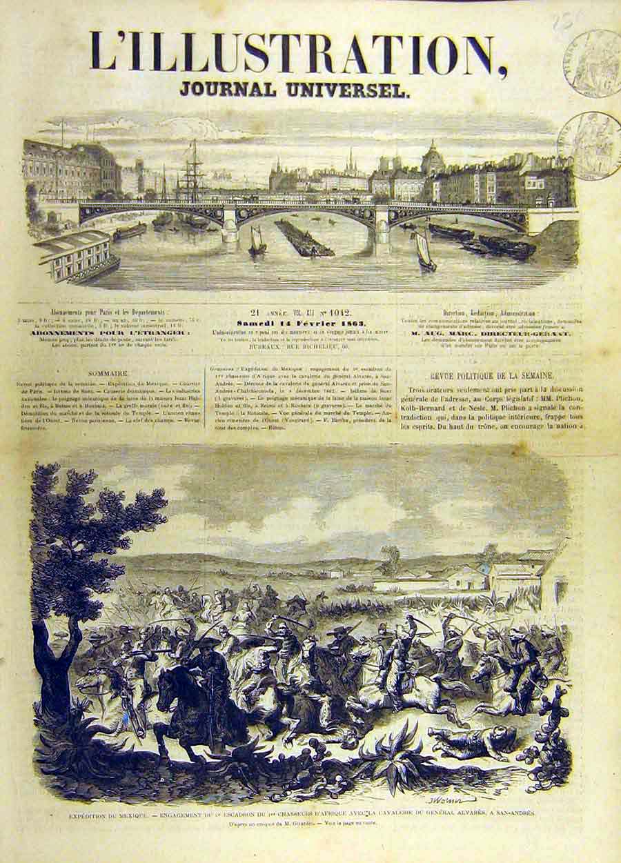 Original Old Antique Print 1863 Mexican Mexico Chasseurs Cavalry San-Andres 19th