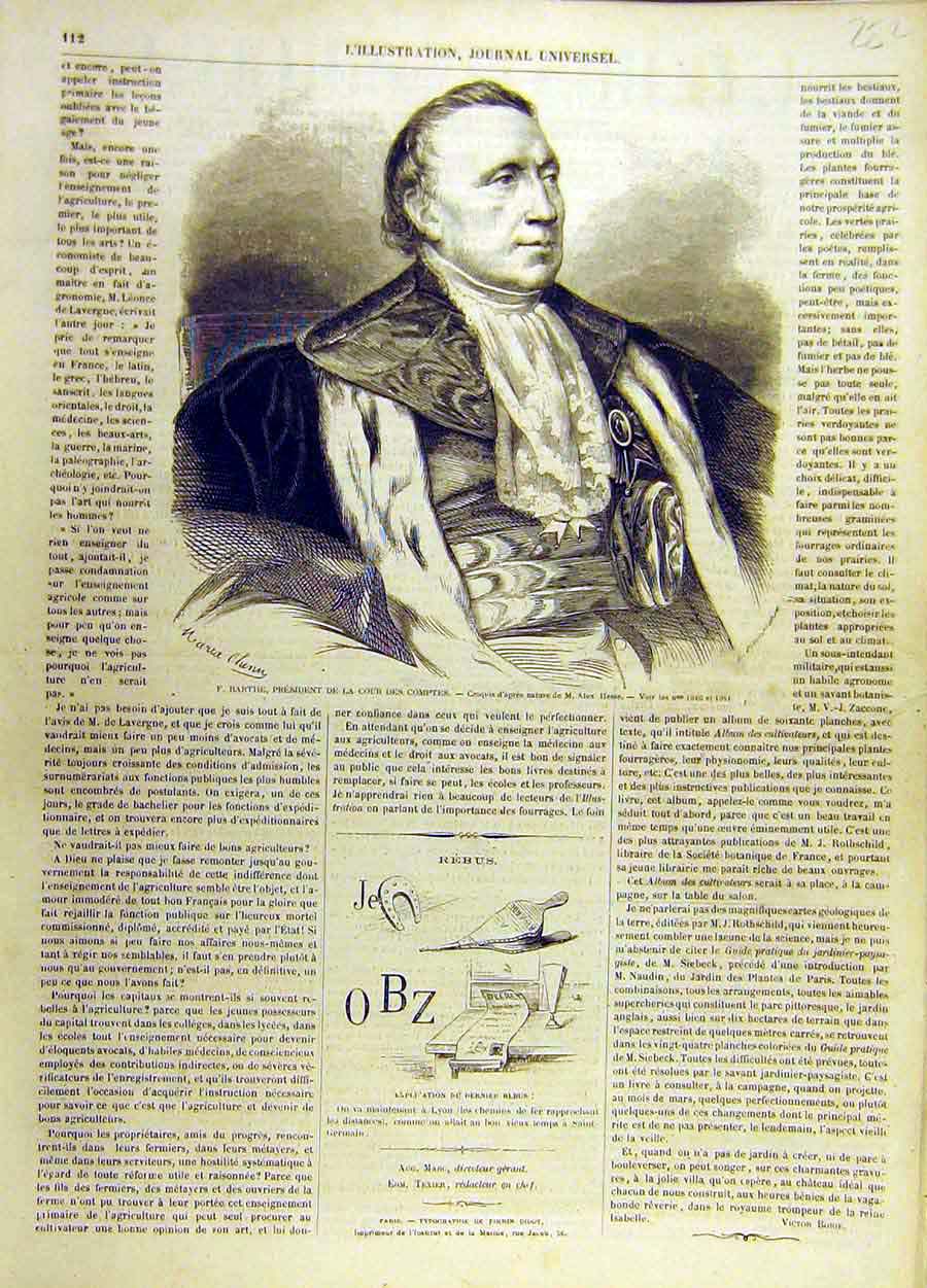 Original Old Antique Print Barthe President Cour-Des-Comtes Portrait