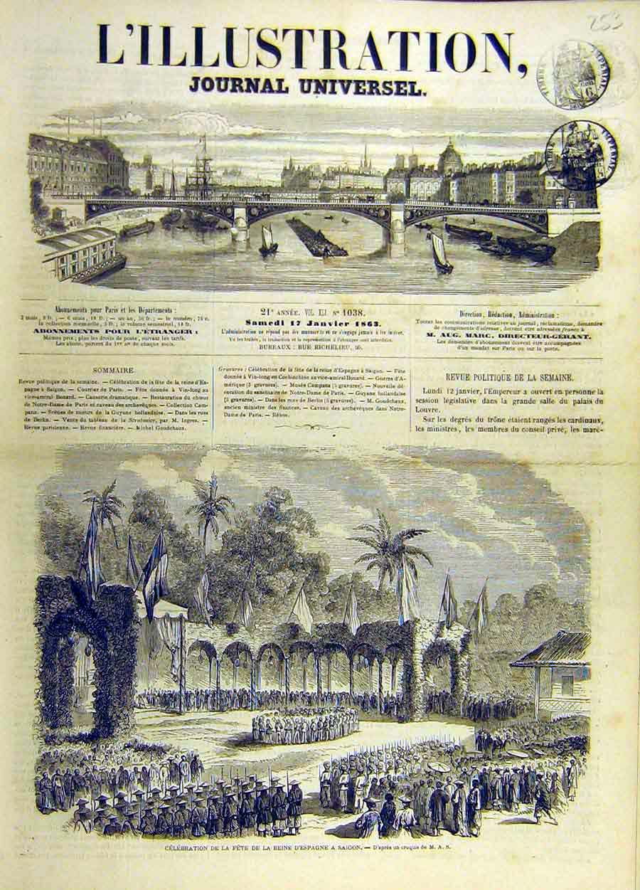 Original Old Antique Print Fete Queen Spain Saigon Celebration French