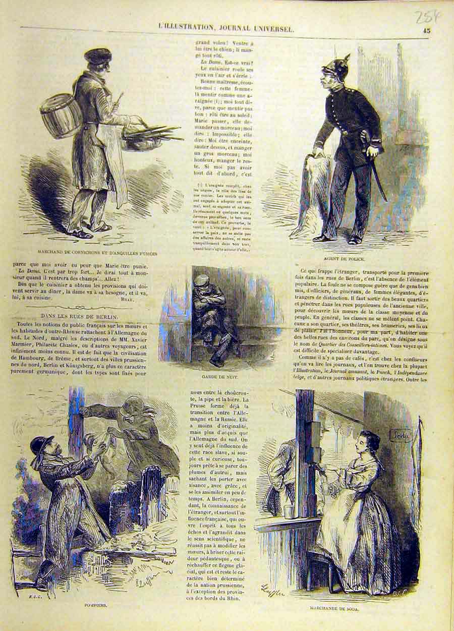 Original Old Antique Print Sketches Firemen Soda Market Police-Man Guard