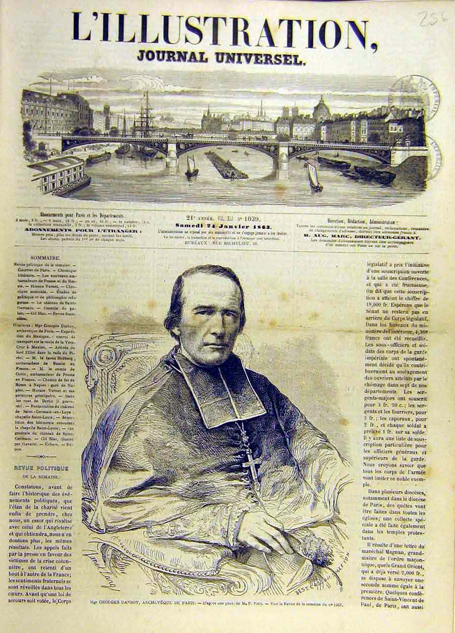 Original Old Antique Print Portrait Darboy Archbishop Paris French France