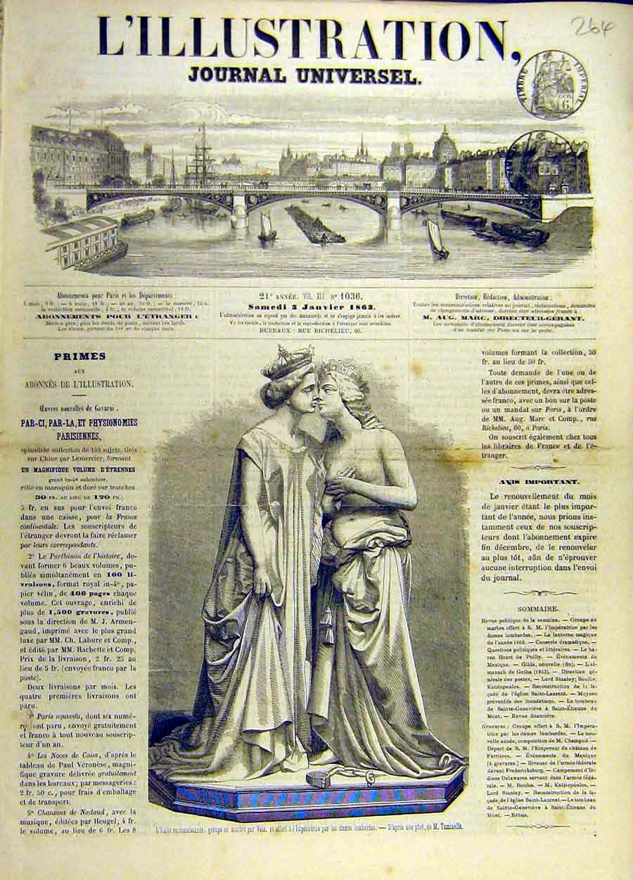 Original Old Antique Print Statue Marble Vela Empress French Italian