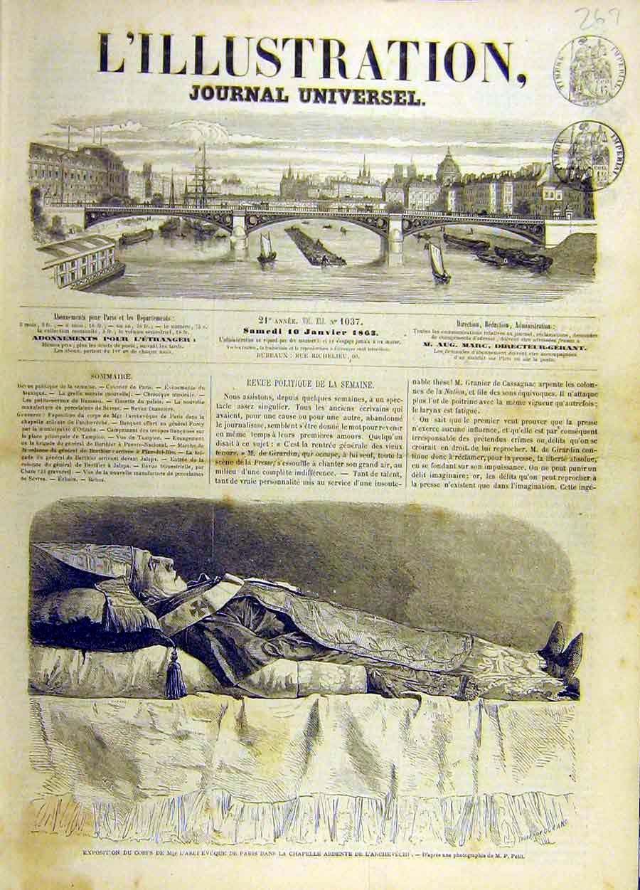 Original Old Antique Print Archbishop Paris Ardente Chapel Funeral Corpse