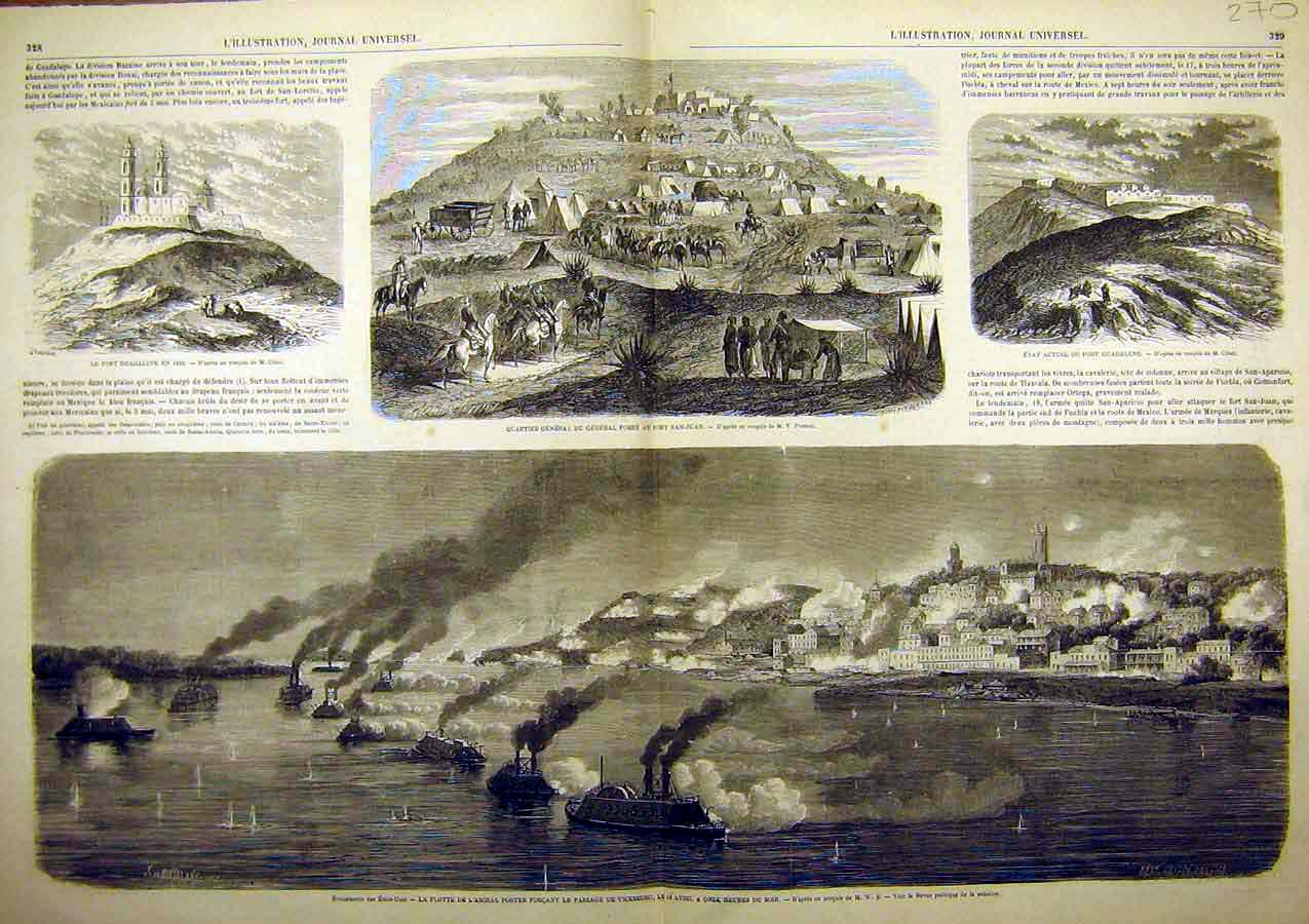 Original Old Antique Print Forey Mexico San-Juan Guadalupe Ficksburg Porter War