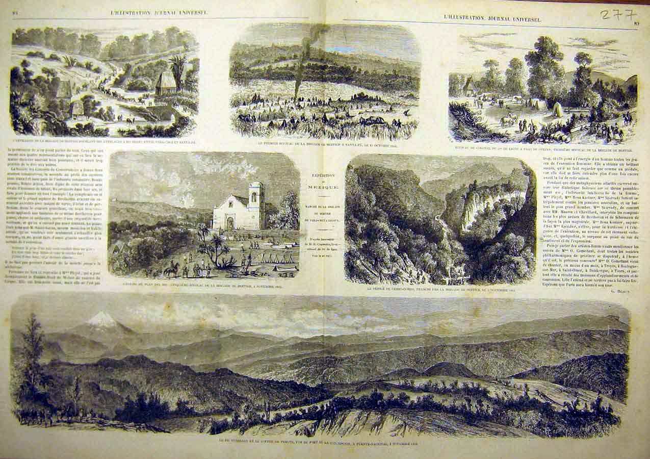 Original Old Antique Print Santa-Fe Mexico War Military Puebla Bertier
