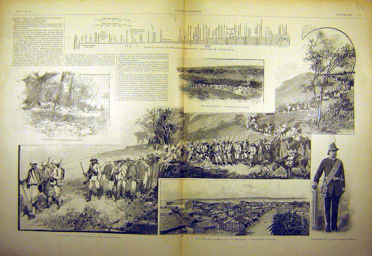 Old Antique Print 1895 Madagascar Majunga Tananarive Paillottes Sketches 19th