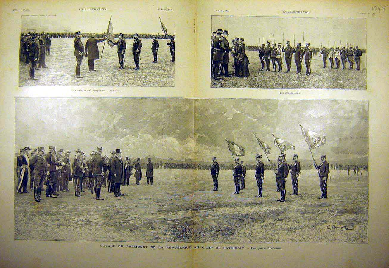 Original Old Antique Print 1895 Military Review Sathonay President Flag Troops