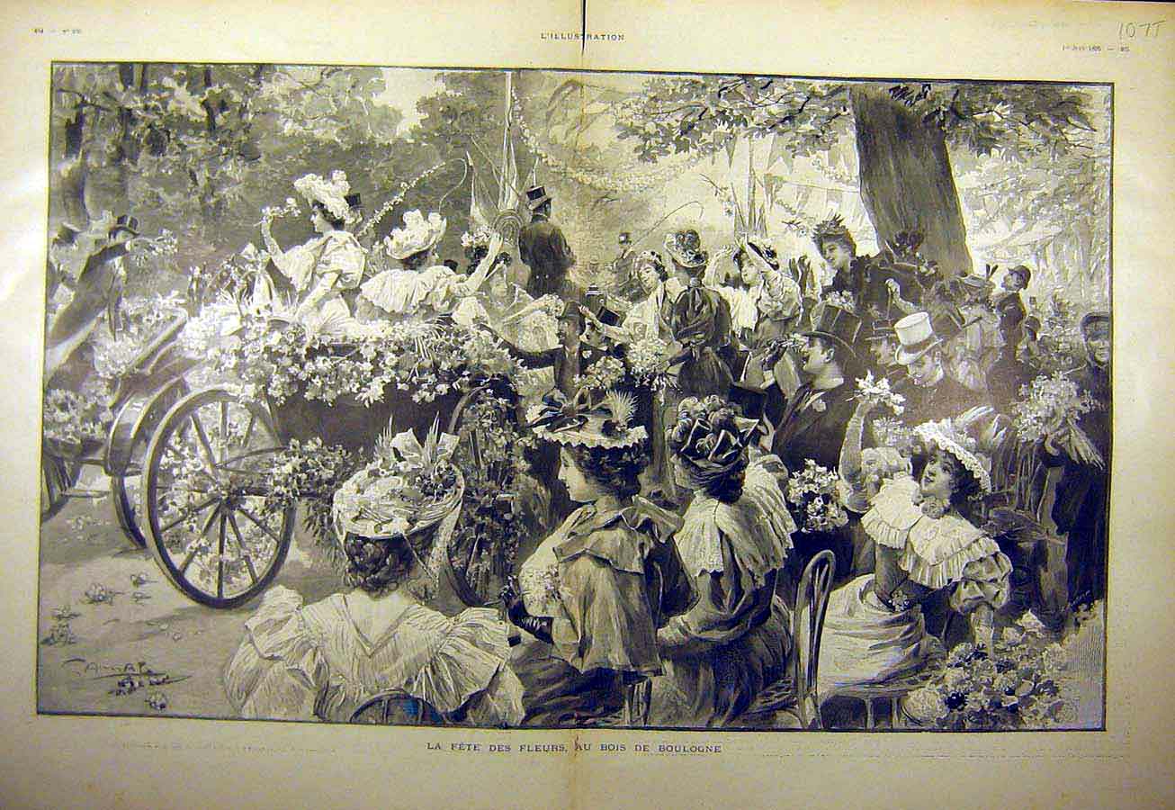 Original Old Antique Print 1895 Fete Flowers Bois-De-Boulogne France French