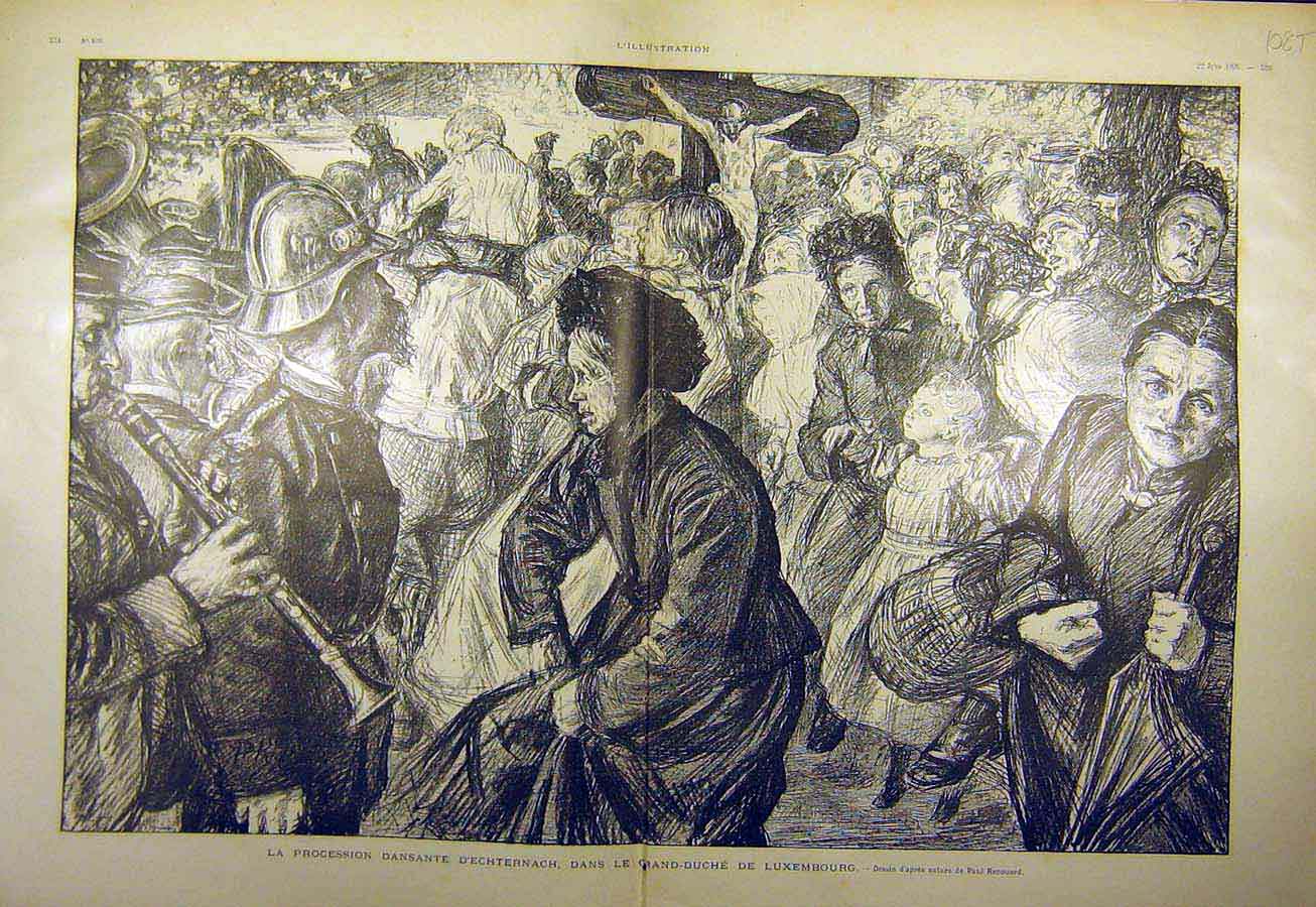 Original Old Antique Print 1895 Procession Duke Luxemburg Religious Echternach