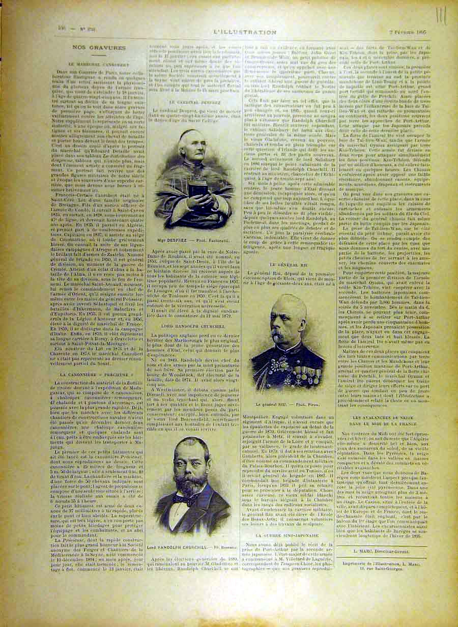 Original Old Antique Print 1895 Despez Portrait General Rui Churchill French
