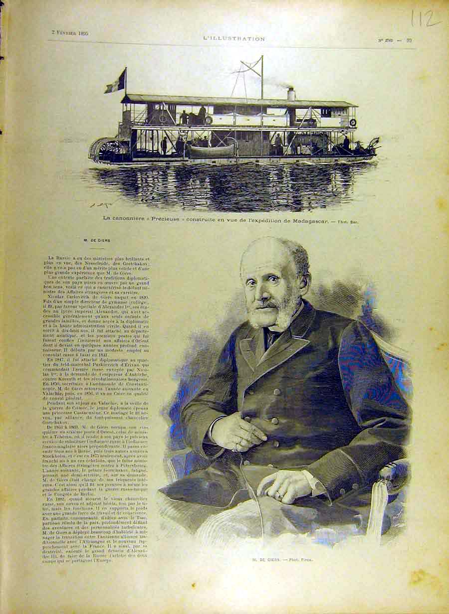 Original Old Antique Print 1895 Madagascar Canon-Boat Precieuse Giers Portrait