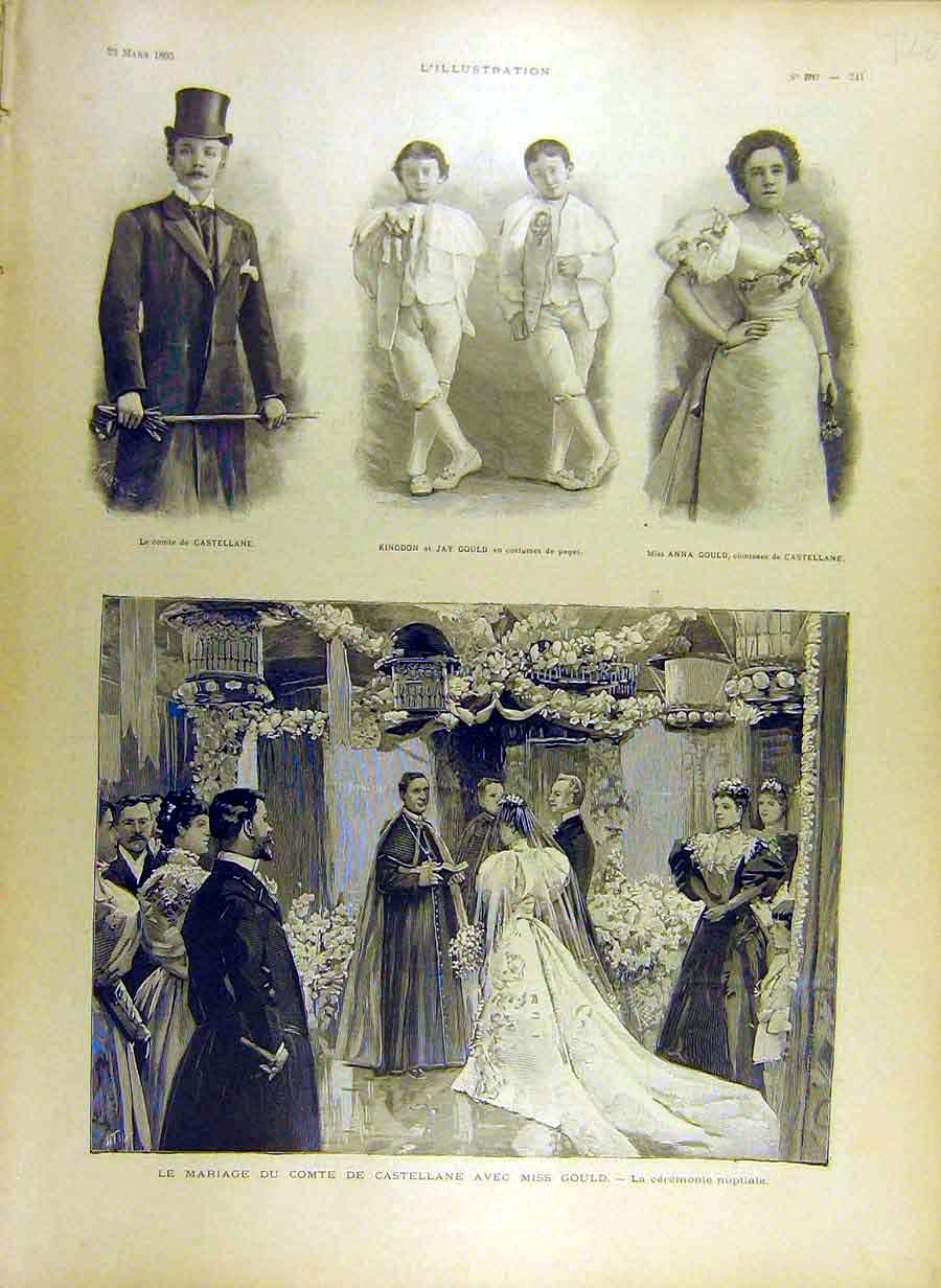 Original Old Antique Print 1895 Marriage Castellane Gould Nuptial Ceremony 19th
