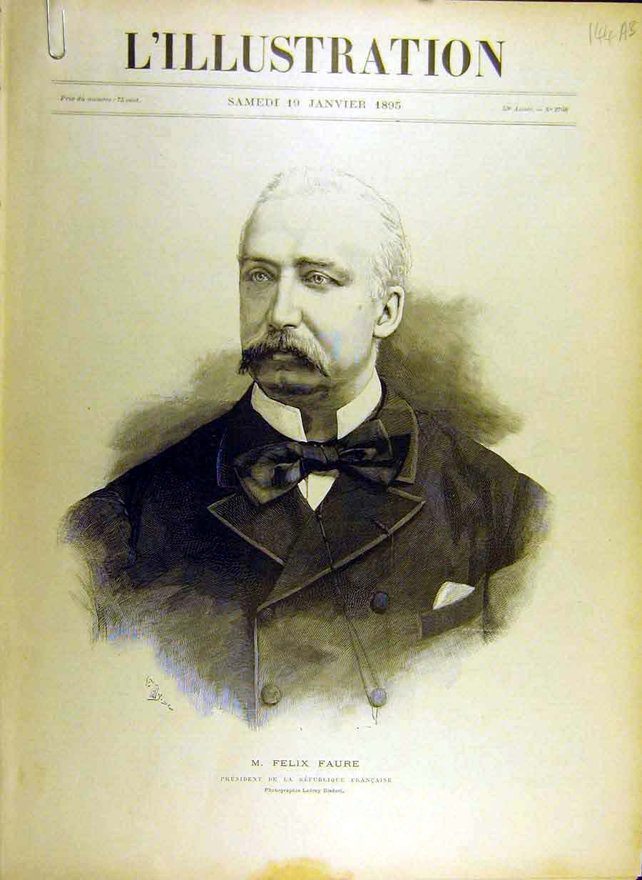 Original Old Antique Print 1895 Portrait Faure President France Havre Building