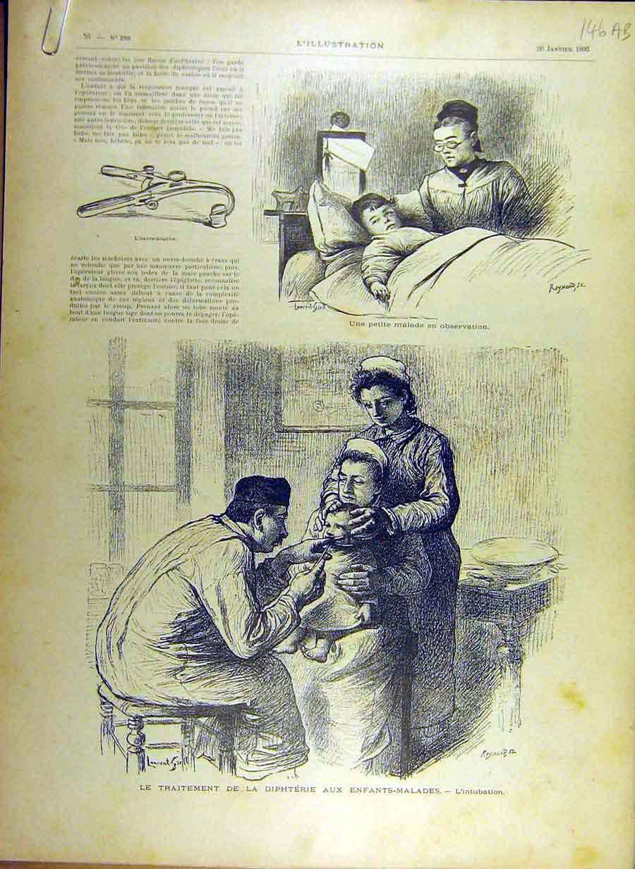 Old Antique Print 1895 Child Illness Diptheria Bajeux Intern Medical Page 19th