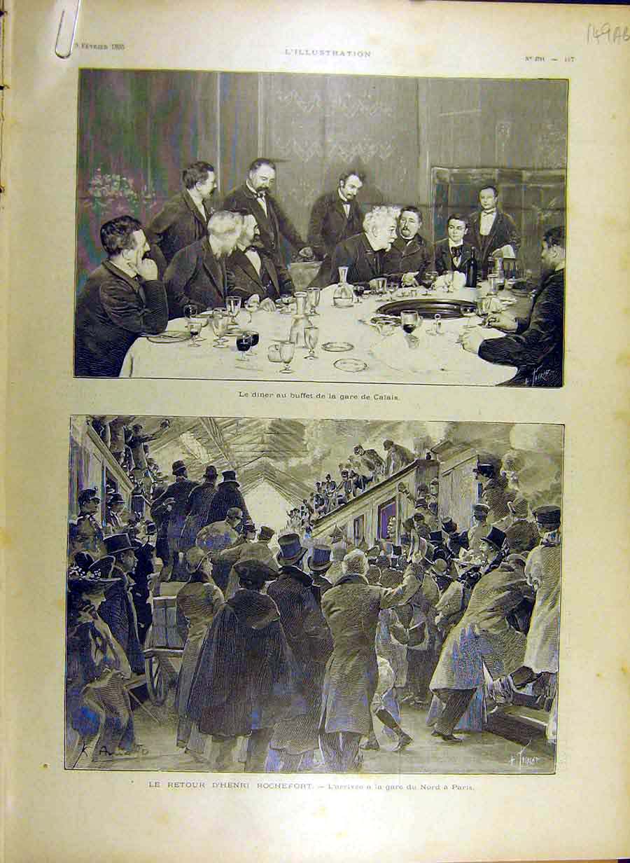 Original Old Antique Print 1895 Station Calais Dinner Rochefort London Foam