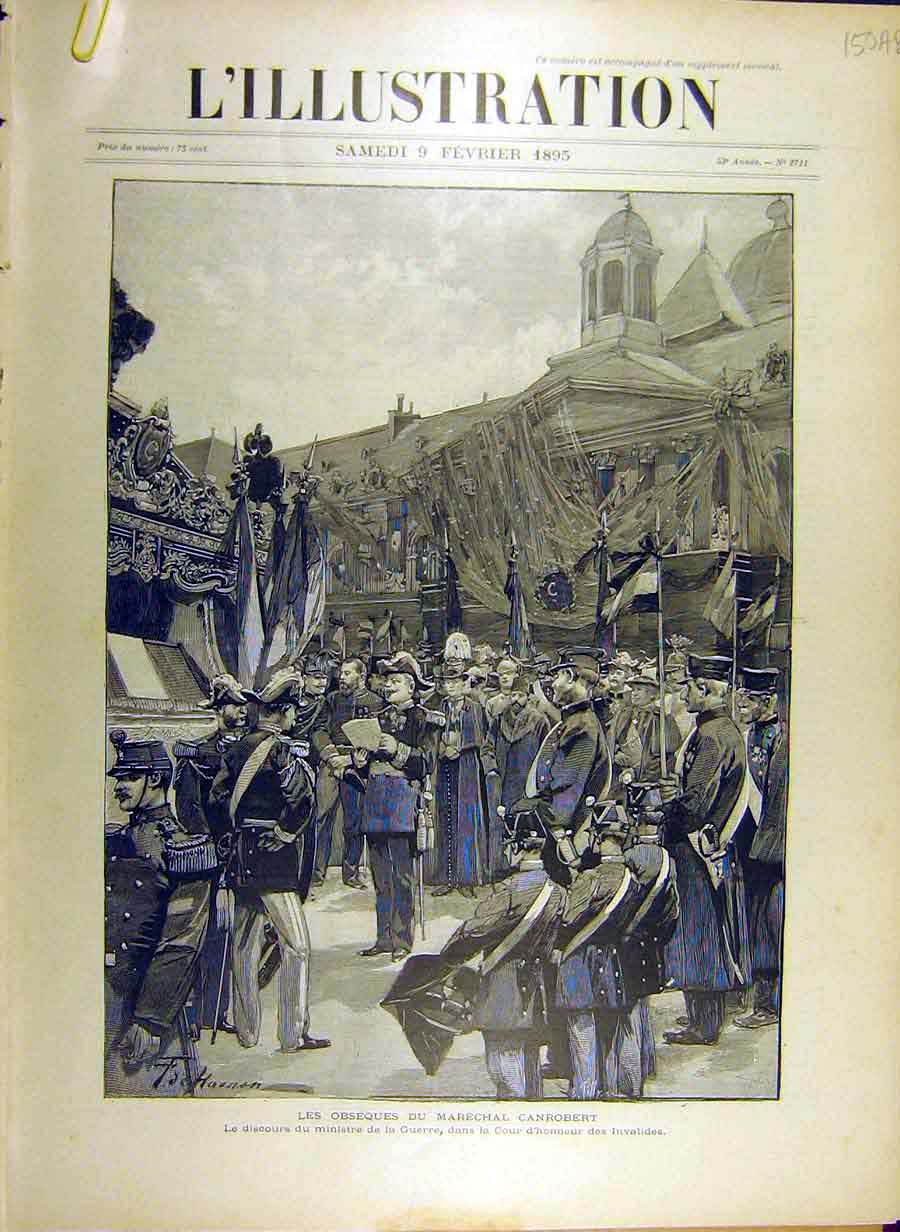 Original Old Antique Print 1895 Funeral Canrobert Religious Ceremony Procession