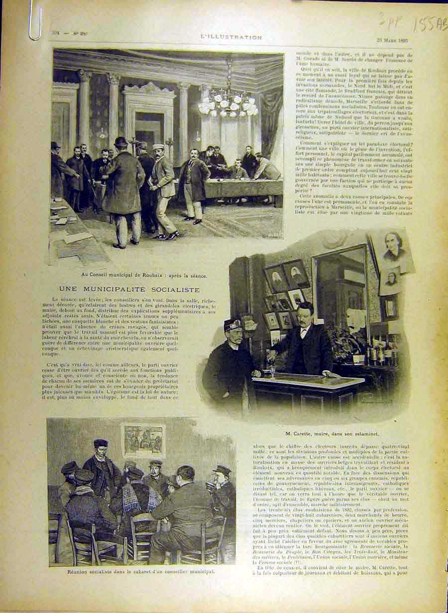 Original Old Antique Print 1895 Socialist Roubaix Municipality Carette School