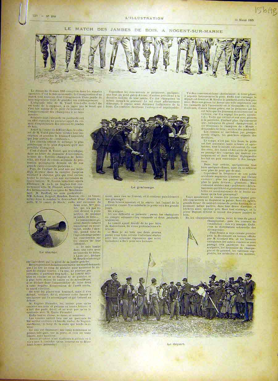 Original Old Antique Print 1895 Race One-Legged Wooden-Leg Nogent-Sur-Marne