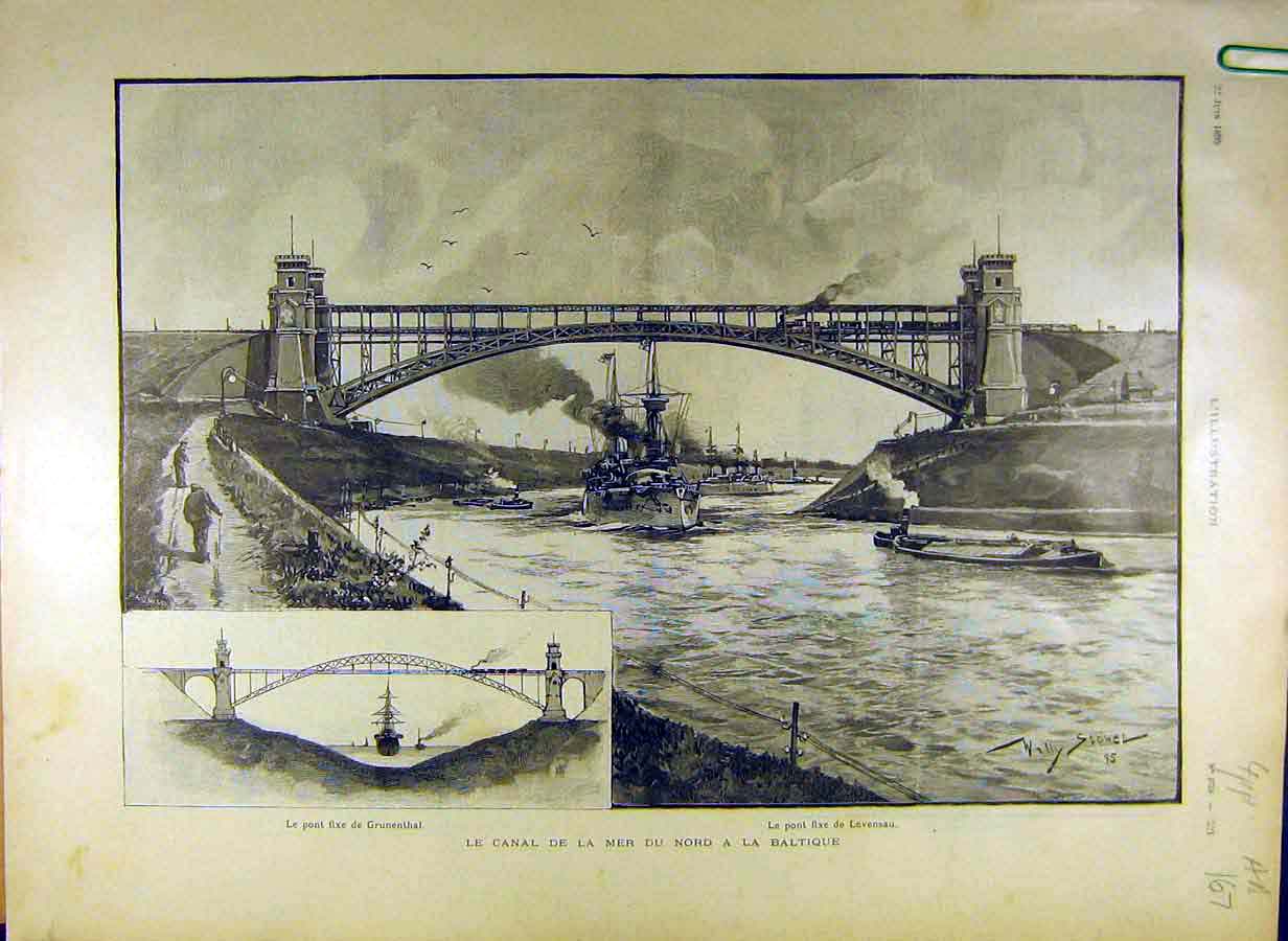 Original Old Antique Print 1895 Canal Baltic Grunenthal Plan Map Elbe French