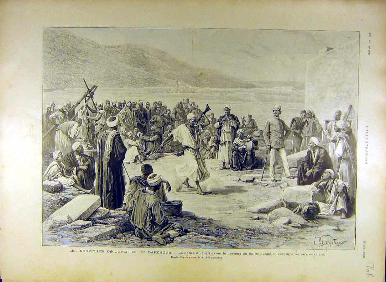 Original Old Antique Print 1895 Dahchour Dance Fire Museum Guizeh French 19th