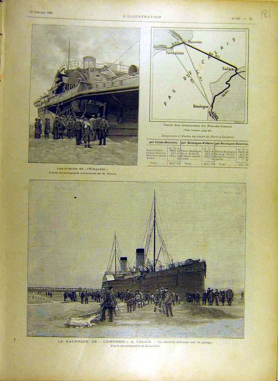 Original Old Antique Print 1895 Map Calais L'Empress Ship Beach French Victorian
