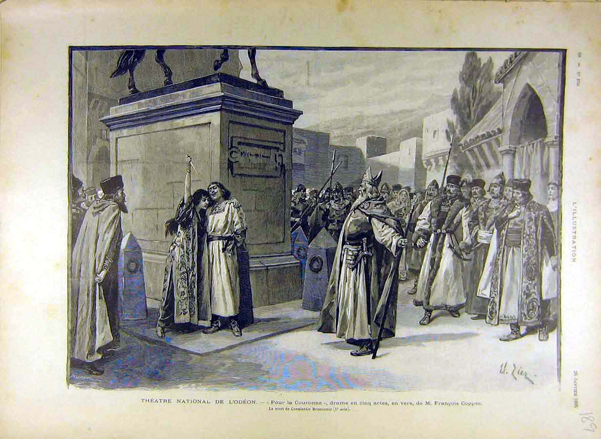Original Old Antique Print 1895 Theatre Odeon Scene Couronne Drama Coppee 19th