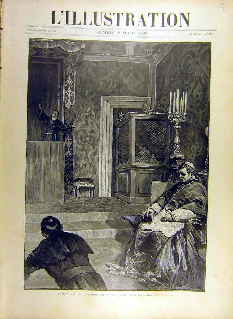Original Old Antique Print 1895 Rome Pope Careme Vatican Papal Religious 19th